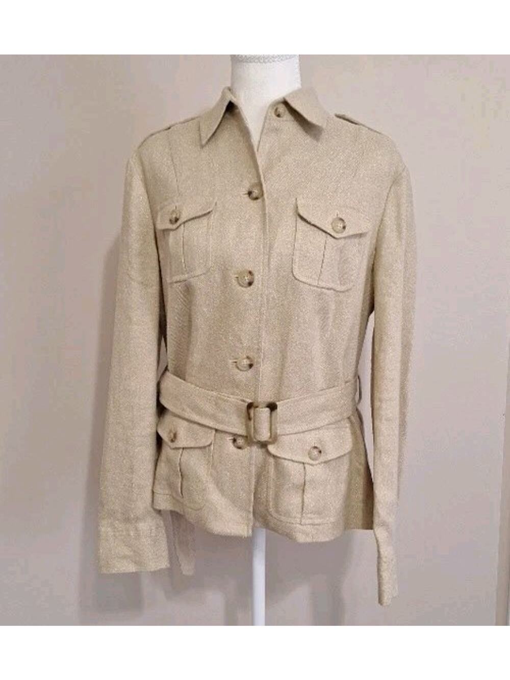Lauren Ralph Lauren Beige Gold Metallic Thread Silk Linen Belted UtilityJacket 8